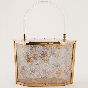 1950s Vintage "Majestic" Lucite & Gold Floral Lace Top Midcentury Handle Box Bag